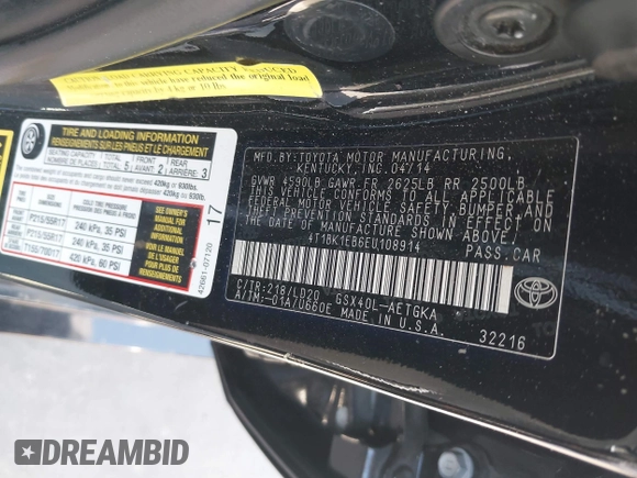 2014 Toyota Avalon Limited with VIN 4T1BK1EB6EU108914, listed as a IAAI auction lot 41999356 with 111,614 mi miles and . Bid and sale history available at DreamBid. Image 9.