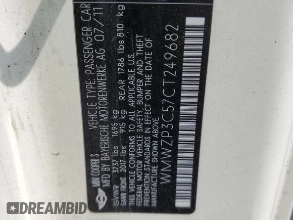 2012 MINI Convertible S с VIN WMWZP3C57CT249682, выставлен на аукционе Copart как лот 60535295 с пробегом 135 298 миль миль и Чистый • Clean title. История ставок и продаж доступна на DreamBid. Изображение 12.