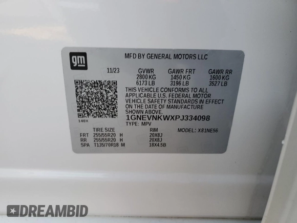 2023 Chevrolet Traverse High Country with VIN 1GNEVNKWXPJ334098, listed as a Copart auction lot 84103304 with 10,977 mi miles and Salvage title. Bid and sale history available at DreamBid. Image 13.