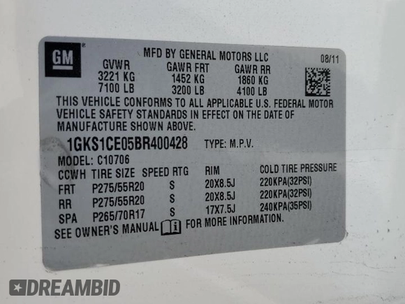 2011 GMC Yukon SLT with VIN 1GKS1CE05BR400428, listed as a Copart auction lot 43606335 with 0 mi miles and Salvage Title. Bid and sale history available at carsss.com. Image 13.