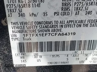 2012 Ford F-150 XL with VIN 1FTFX1EF7CFA64319, listed as a IAAI auction lot 42565910 with 192,989 mi miles and . Bid and sale history available at DreamBid. Image 9.