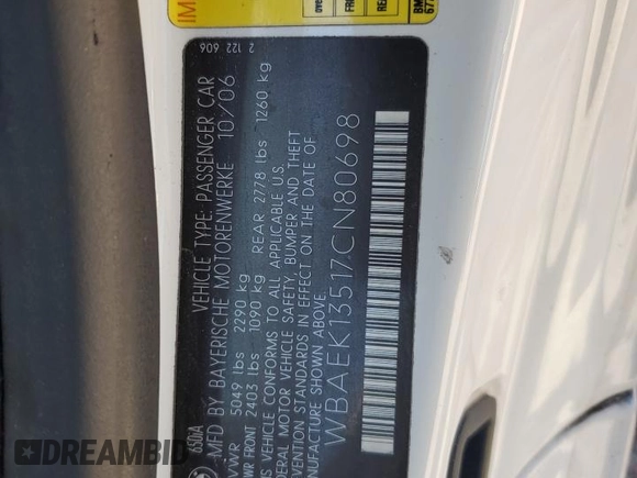 2007 BMW 6 Series 650i with VIN WBAEK13517CN80698, listed as a Copart auction lot 83331764 with 122,563 mi miles and Clean Title. Bid and sale history available at DreamBid. Image 12.
