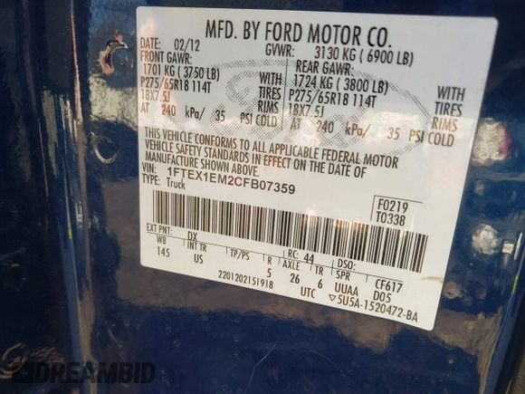 2012 Ford F-150 XL with VIN 1FTEX1EM2CFB07359, listed as a IAAI auction lot 41722673 with 200,114 mi miles and . Bid and sale history available at carsss.com. Image 9.