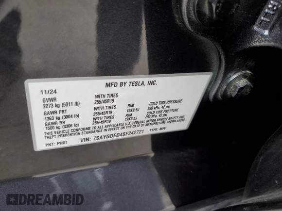 2025 Tesla Model Y Long Range with VIN 7SAYGDED4SF242721, listed as a Copart auction lot 56159955 with 7,131 mi miles and Salvage Title. Bid and sale history available at DreamBid. Image 13.