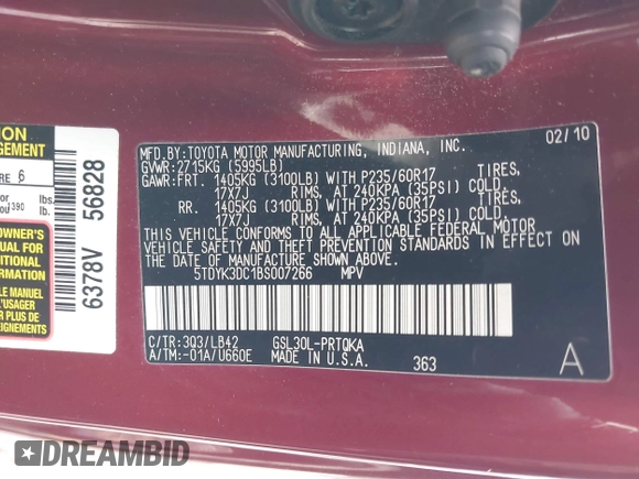 2011 Toyota Sienna XLE AAS с VIN 5TDYK3DC1BS007266, выставлен на аукционе IAAI как лот 42346087 с пробегом 123 054 миль миль и . История ставок и продаж доступна на DreamBid. Изображение 9.