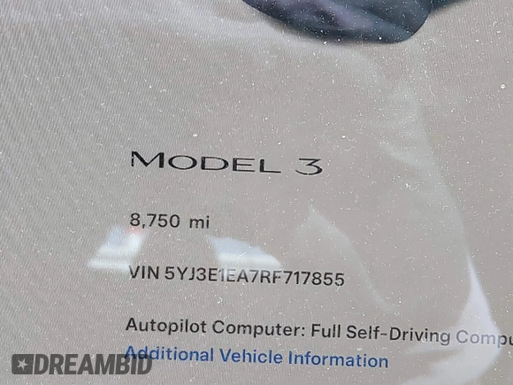 2024 Tesla Model 3 with VIN 5YJ3E1EA7RF717855, listed as a IAAI auction lot 41838814 with 8,750 mi miles and . Bid and sale history available at DreamBid. Image 15.