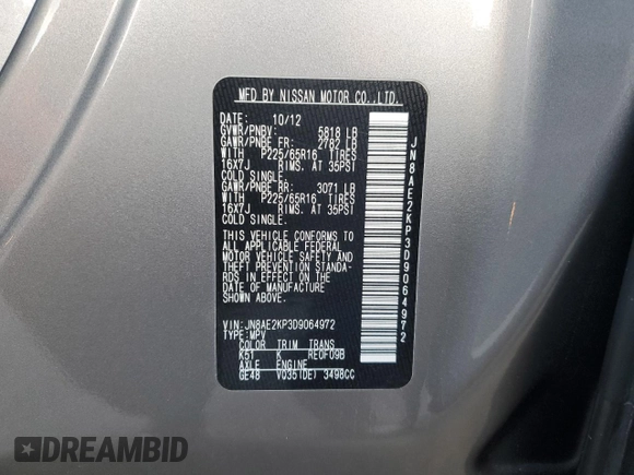2013 Nissan Quest SV with VIN JN8AE2KP3D9064972, listed as a Copart auction lot 48404305 with 83,205 mi miles and Salvage title. Bid and sale history available at DreamBid. Image 14.