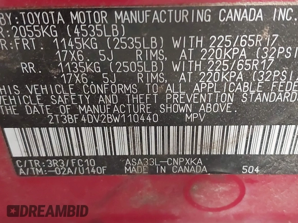 2011 Toyota RAV4 with VIN 2T3BF4DV2BW110440, listed as a IAAI auction lot 42127063 with 131,543 mi miles. Bid and sale history available at carsss.com. Image 9.