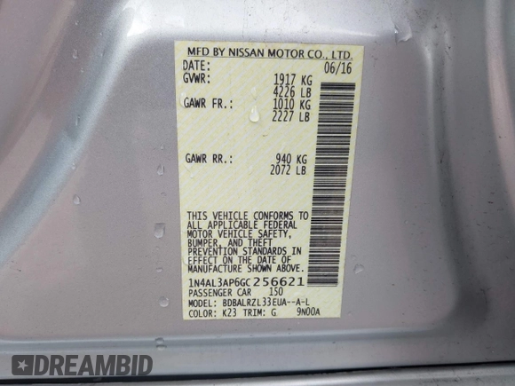 2016 Nissan Altima SV with VIN 1N4AL3AP6GC256621, listed as a IAAI auction lot 41290505 with 63,336 mi miles and . Bid and sale history available at DreamBid. Image 9.