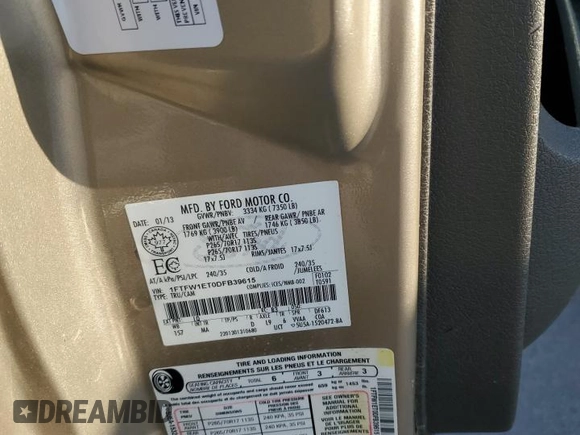 2013 Ford F-150 XL with VIN 1FTFW1ET0DFB39615, listed as a Copart auction lot 42845305 with 224,052 mi miles and Clean title. Bid and sale history available at DreamBid. Image 12.