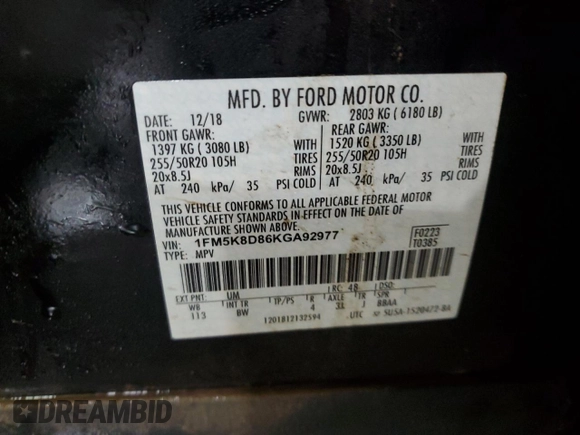2019 Ford Explorer XLT с VIN 1FM5K8D86KGA92977, выставлен на аукционе Copart как лот 57943585 с пробегом 123 124 миль миль и Списание • Salvage title. История ставок и продаж доступна на DreamBid. Изображение 14.