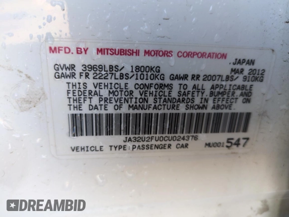 2012 Mitsubishi Lancer ES z VIN JA32U2FU0CU024376, wystawiony jako Copart lot #51867245 z przebiegiem 159 254 mil mil oraz Szkoda całkowita • Salvage title. Historia ofert i sprzedaży dostępna na DreamBid. Obrazek 12.