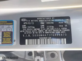 2015 Kia Optima LX with VIN 5XXGM4A71FG466873, listed as a IAAI auction lot 41851355 with 13,880 mi miles. Bid and sale history available at carsss.com. Image 9.