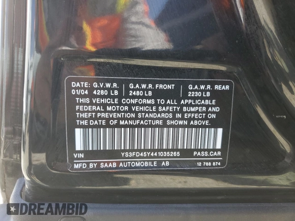 2004 Saab 9-3 with VIN YS3FD45Y441035265, listed as a Copart auction lot 54264395 with 143,667 mi miles and Salvage Title. Bid and sale history available at carsss.com. Image 12.