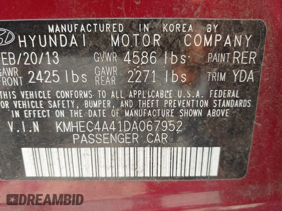 2013 Hyundai Sonata with VIN KMHEC4A41DA067952, listed as a IAAI auction lot 42040251 with 192,665 mi miles and . Bid and sale history available at carsss.com. Image 9.
