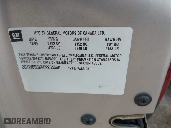 2006 Chevrolet Impala LS with VIN 2G1WB58K669264340, listed as a IAAI auction lot 42177838 with 124,760 mi miles and . Bid and sale history available at DreamBid. Image 9.