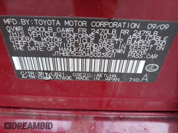 2010 Lexus IS 350 with VIN JTHBE5C20A5023821, listed as a IAAI auction lot 41777616 with 113,921 mi miles and . Bid and sale history available at DreamBid. Image 9.