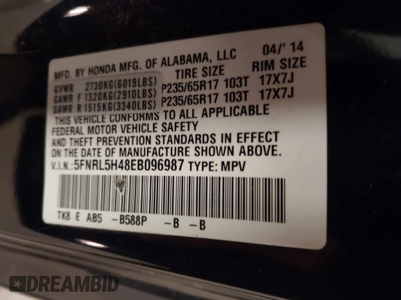 2014 Honda Odyssey EX with VIN 5FNRL5H48EB096987, listed as a IAAI auction lot 42039652 with 108,851 mi miles and . Bid and sale history available at carsss.com. Image 9.
