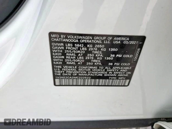 2021 Volkswagen Atlas SE with VIN 1V2KE2CA2MC222522, listed as a Copart auction lot 51698255 with 68,204 mi miles and Clean title. Bid and sale history available at DreamBid. Image 10.