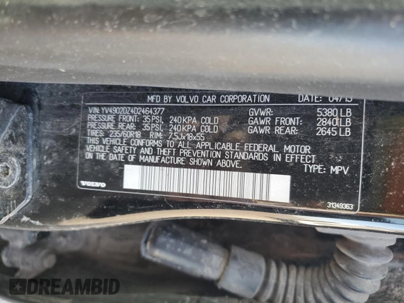 2013 Volvo XC60 T6 с VIN YV4902DZ4D2464377, выставлен на аукционе Copart как лот 49458365 с пробегом Не указан миль и Списание • Salvage title. История ставок и продаж доступна на DreamBid. Изображение 13.
