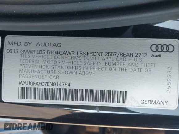 2014 Audi A6 Premium Plus with VIN WAUGFAFC7EN014764, listed as a IAAI auction lot 42261384 with 117,285 mi miles and . Bid and sale history available at DreamBid. Image 9.