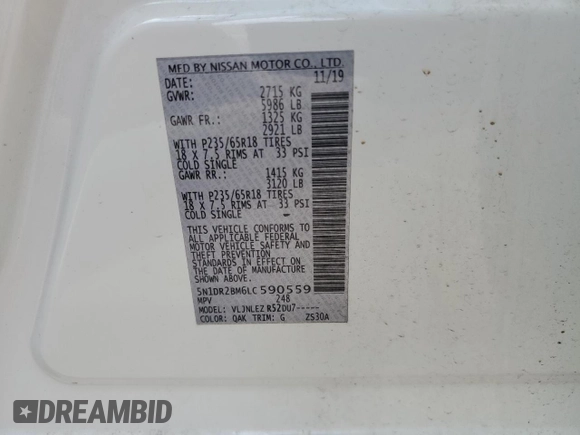 2020 Nissan Pathfinder SV with VIN 5N1DR2BM6LC590559, listed as a Copart auction lot 52991785 with 61,870 mi miles and Salvage title. Bid and sale history available at DreamBid. Image 14.