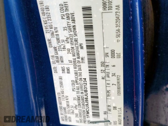 2018 Ford Escape Titanium with VIN 1FMCU9J98JUB31234, listed as a Copart auction lot 58817705 with 140,183 mi miles and Salvage title. Bid and sale history available at DreamBid. Image 13.