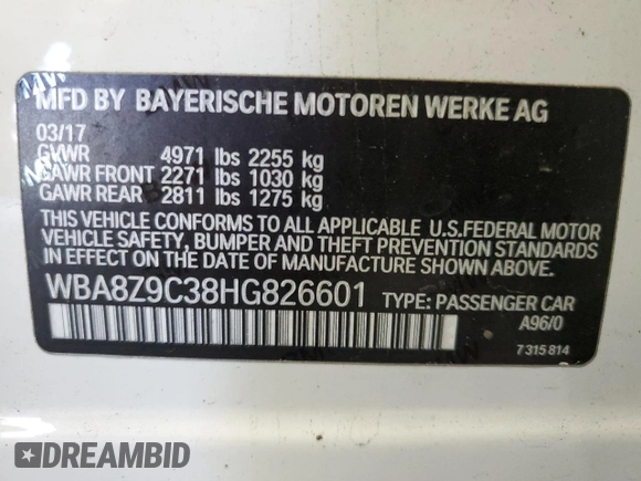 2017 BMW 3 Series 330i xDrive with VIN WBA8Z9C38HG826601, listed as a Copart auction lot 51782145 with 118,967 mi miles and Clean Title. Bid and sale history available at DreamBid. Image 12.