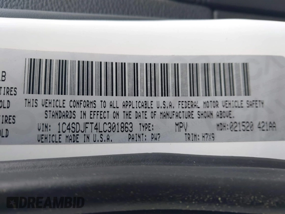 2020 Dodge Durango Pursuit with VIN 1C4SDJFT4LC301863, listed as a IAAI auction lot 42113324 with 85,298 mi miles and . Bid and sale history available at DreamBid. Image 9.