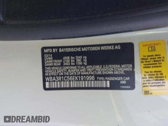 2014 BMW 4 Series 435i with VIN WBA3R1C56EK191996, listed as a IAAI auction lot 41450981 with 125,352 mi miles and . Bid and sale history available at carsss.com. Image 9.