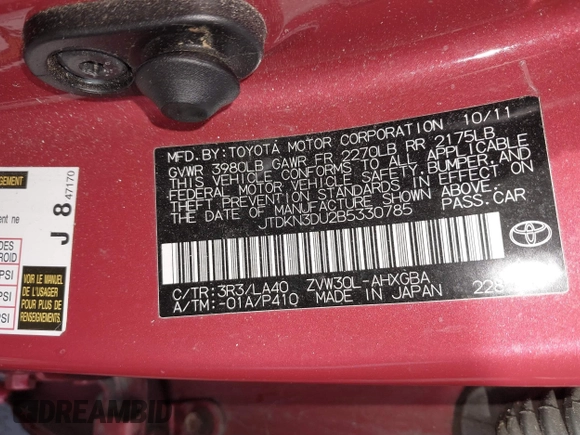 2011 Toyota Prius I with VIN JTDKN3DU2B5330785, listed as a IAAI auction lot 41710450 with 116,311 mi miles and . Bid and sale history available at DreamBid. Image 9.