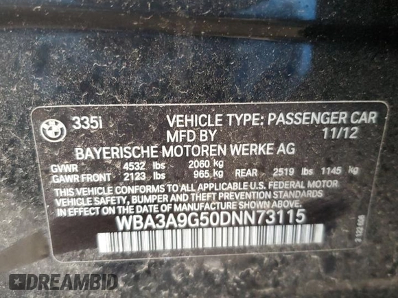 2013 BMW 3 Series 335i with VIN WBA3A9G50DNN73115, listed as a Copart auction lot 55126905 with Not provided miles and Clean title. Bid and sale history available at DreamBid. Image 12.