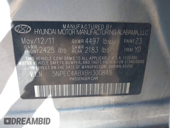 2011 Hyundai Sonata Limited with VIN 5NPEC4ABXBH300848, listed as a IAAI auction lot 41573138 with 184,774 mi miles and . Bid and sale history available at carsss.com. Image 9.