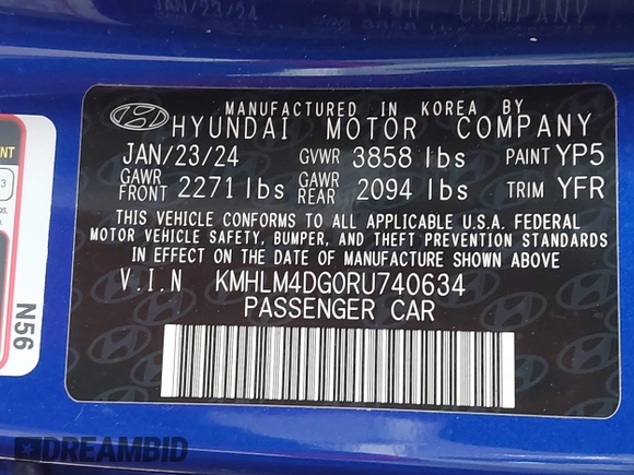2024 Hyundai Elantra SEL with VIN KMHLM4DG0RU740634, listed as a IAAI auction lot 42478961 with 16,123 mi miles and . Bid and sale history available at DreamBid. Image 9.