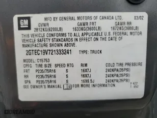 2002 GMC Sierra 1500 SLE with VIN 2GTEC19V721333241, listed as a Copart auction lot 86491514 with 0 mi miles and Salvage Title. Bid and sale history available at carsss.com. Image 13.