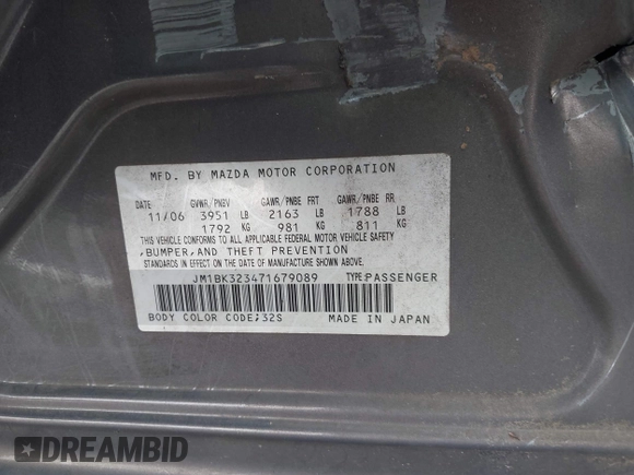2007 Mazda 3 S Touring with VIN JM1BK323471679089, listed as a IAAI auction lot 42113600 with Not Provided miles and . Bid and sale history available at DreamBid. Image 9.