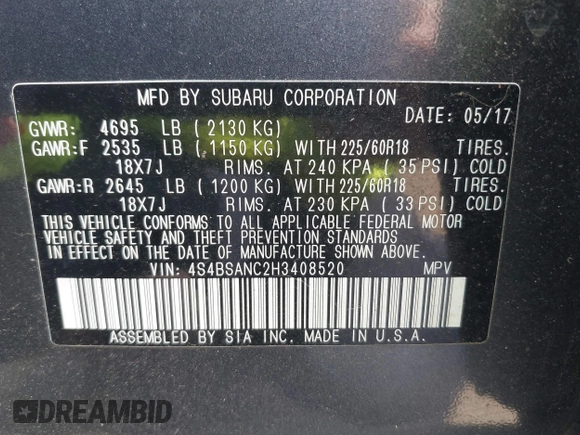 2017 Subaru Outback Limited z VIN 4S4BSANC2H3408520, wystawiony jako IAAI lot #42734206 z przebiegiem 26 447 mil mil oraz . Historia ofert i sprzedaży dostępna na DreamBid. Obrazek 9.