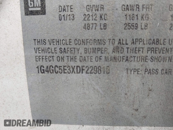 2013 Buick LaCrosse Leather with VIN 1G4GC5E3XDF229810, listed as a IAAI auction lot 42468293 with 54,484 mi miles and . Bid and sale history available at DreamBid. Image 9.