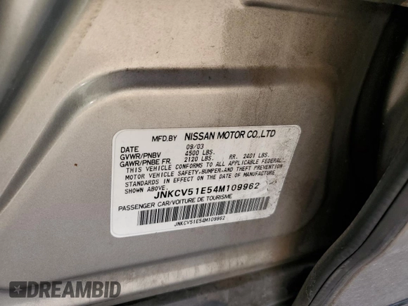 2004 Infiniti G35 w/Leather with VIN JNKCV51E54M109962, listed as a Copart auction lot 48748955 with 122,180 mi miles and Salvage Title. Bid and sale history available at DreamBid. Image 12.