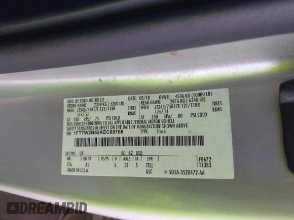 2019 Ford F-250 XL with VIN 1FT7W2B62KEC89768, listed as a IAAI auction lot 42512749 with 49,500 mi miles and . Bid and sale history available at DreamBid. Image 9.