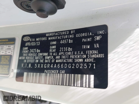2013 Kia Optima SX with VIN 5XXGR4A66DG202571, listed as a IAAI auction lot 41917407 with 167,968 mi miles. Bid and sale history available at carsss.com. Image 9.
