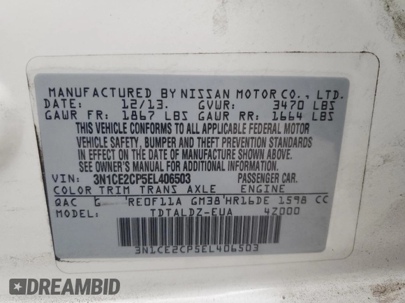 2014 Nissan Note SV with VIN 3N1CE2CP5EL406503, listed as a Copart auction lot 63623855 with 160,389 mi miles and Clean title. Bid and sale history available at DreamBid. Image 12.