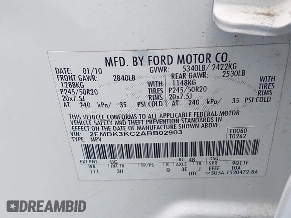 2010 Ford Edge Limited with VIN 2FMDK3KC2ABB02903, listed as a IAAI auction lot 42137104 with 236,517 mi miles. Bid and sale history available at carsss.com. Image 9.