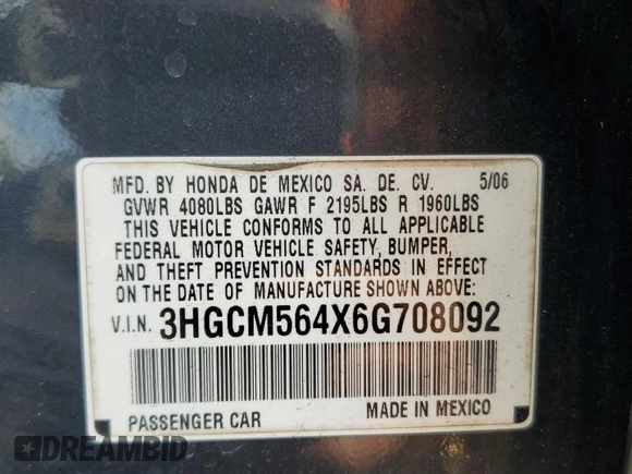 2006 Honda Accord LX with VIN 3HGCM564X6G708092, listed as a Copart auction lot 63560195 with 214,123 mi miles and Salvage title. Bid and sale history available at DreamBid. Image 13.
