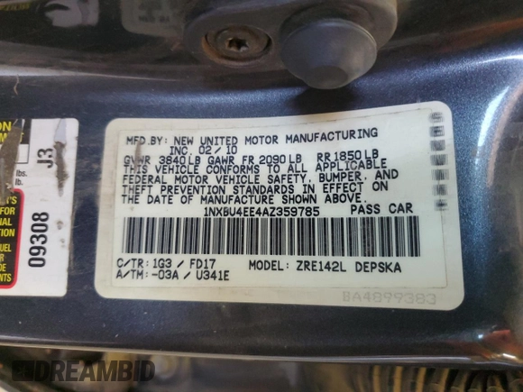 2010 Toyota Corolla with VIN 1NXBU4EE4AZ359785, listed as a Copart auction lot 58865065 with 232,146 mi miles and Clean title. Bid and sale history available at DreamBid. Image 12.
