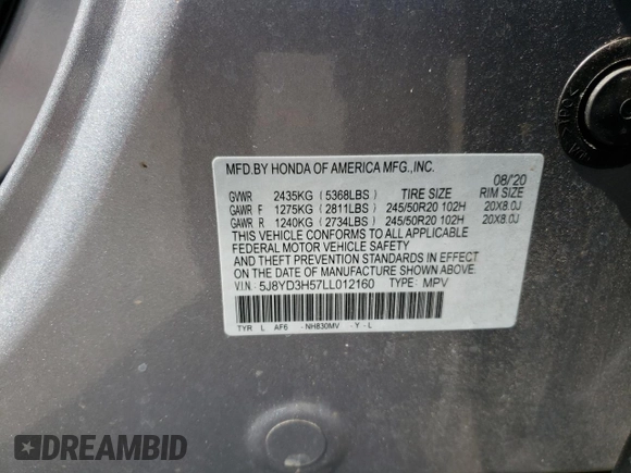 2020 Acura MDX w/Technology Pkg with VIN 5J8YD3H57LL012160, listed as a Copart auction lot 65975034 with 48,806 mi miles and Salvage Title. Bid and sale history available at carsss.com. Image 14.