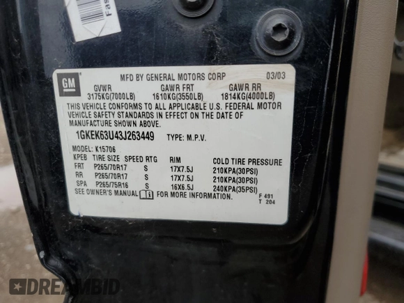 2003 GMC Yukon Denali z VIN 1GKEK63U43J263449, wystawiony jako Copart lot #53848345 z przebiegiem 144 280 mil mil oraz Szkody całkowita. Historia ofert i sprzedaży dostępna na DreamBid. Obrazek 13.