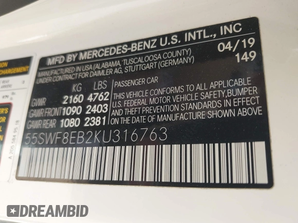 2019 Mercedes-Benz C 300 with VIN 55SWF8EB2KU316763, listed as a IAAI auction lot 42072583 with 61,664 mi miles and . Bid and sale history available at carsss.com. Image 9.