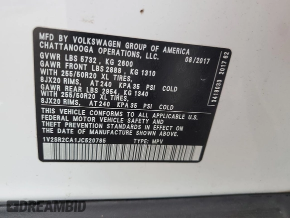 2018 Volkswagen Atlas SEL with VIN 1V2SR2CA1JC520785, listed as a Copart auction lot 65837825 with 66,125 mi miles and Salvage title. Bid and sale history available at DreamBid. Image 13.