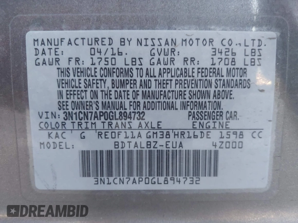 2016 Nissan Versa S Plus with VIN 3N1CN7AP0GL894732, listed as a IAAI auction lot 42543601 with 85,319 mi miles and . Bid and sale history available at DreamBid. Image 9.